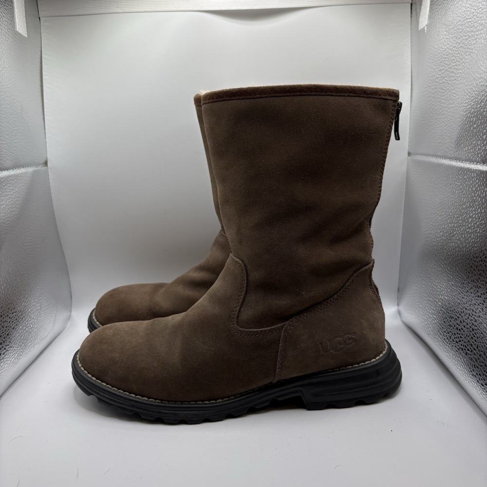 Ugg Lanley Chocolate Brown Wool Lined Suede Boots Zip Up Womens Size 8